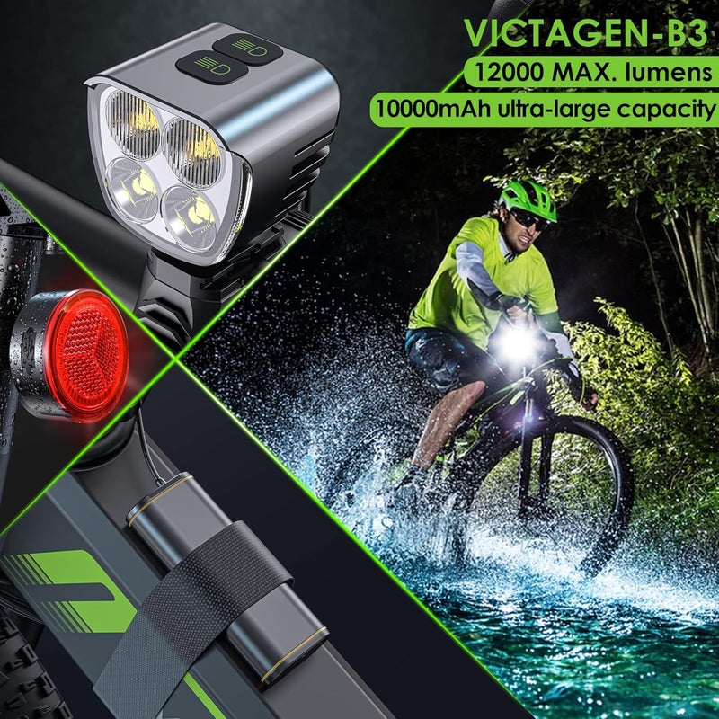 victagen Bike Light 12000lm Bike Lights for Night Riding, 4 LED Bike Lights Waterproof Type C Rechargeable Front Bike Headlight and Taillight, High & Low Beam Design, Power Bank Function - Image 2